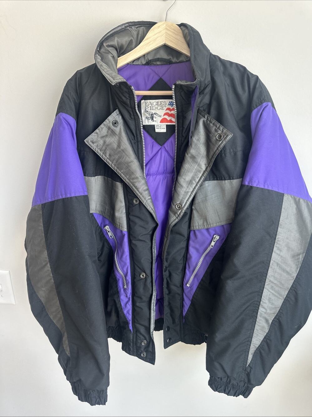 Vintage 80s/90s Eagles Ridge Black Purple Zip Lined Ski Snowboard Coat Jacket L